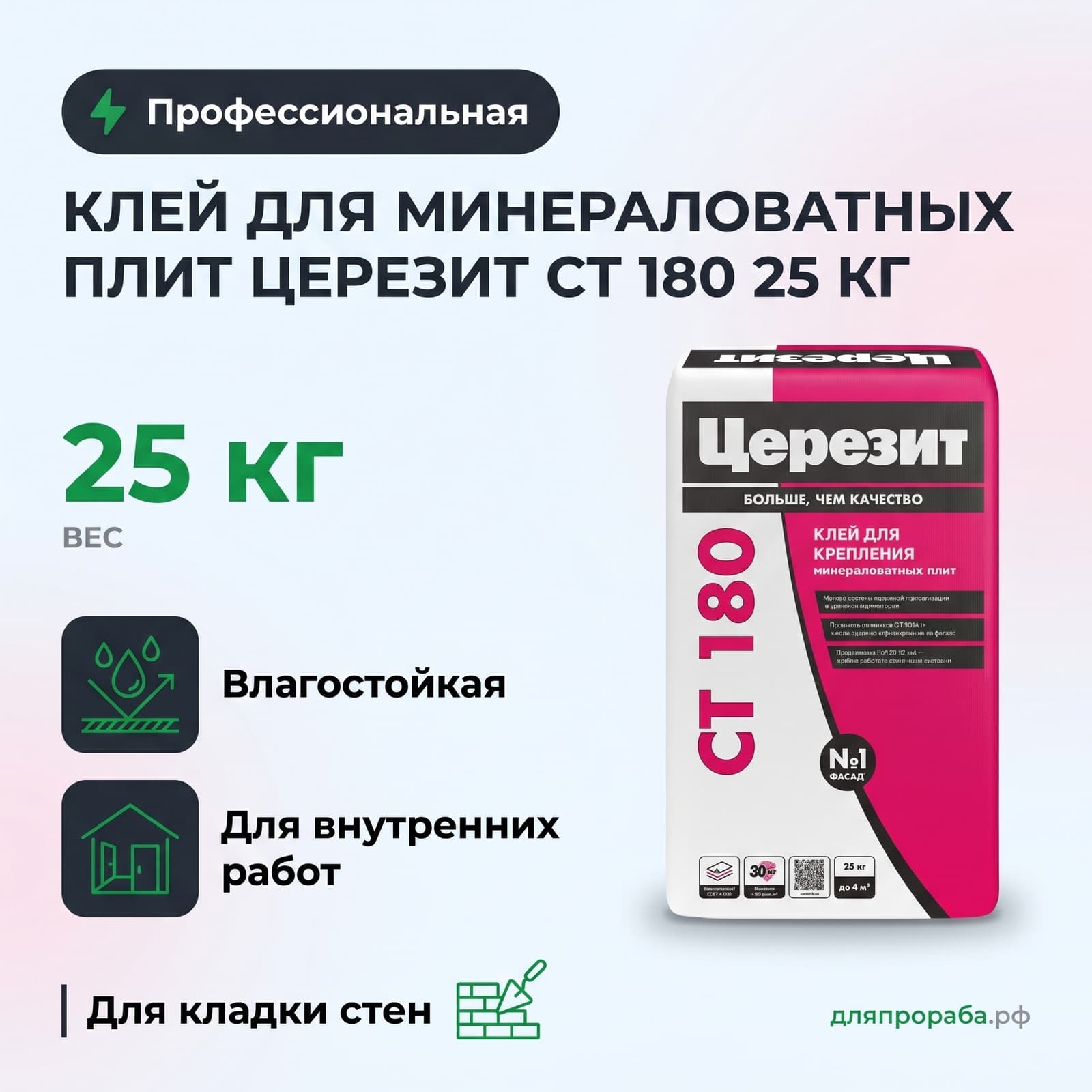 Клей для минераловатных плит Церезит CT 180 25 кг