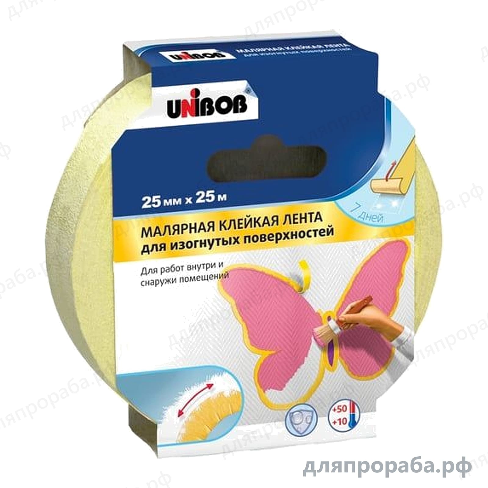 Малярная лента профи для изогнутых поверхностей жёлтая 25 мм х 25 м UNIBOB 211736